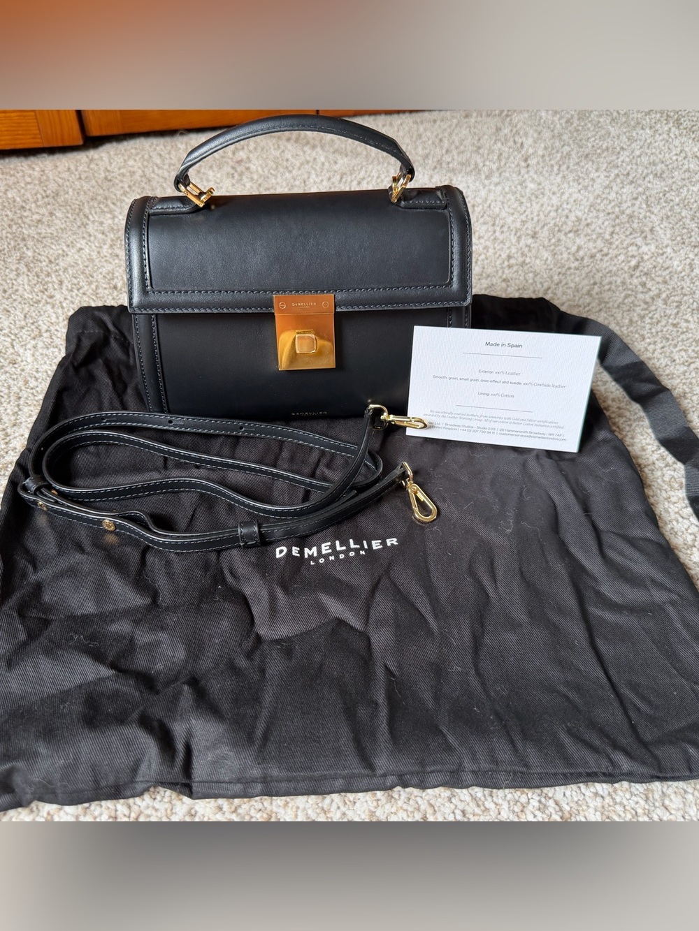 Demellier Black Leather Small Crossbody Bag with Gold Hardware